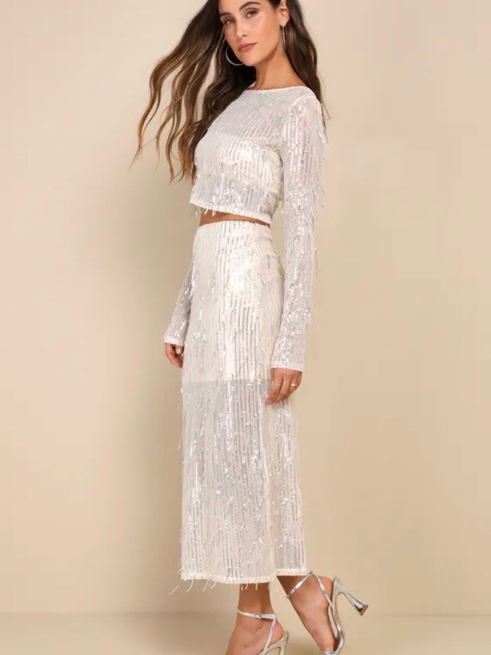 Greatest Sparkle Beige Mesh Sequin Fringe Two-Piece Midi Dress M